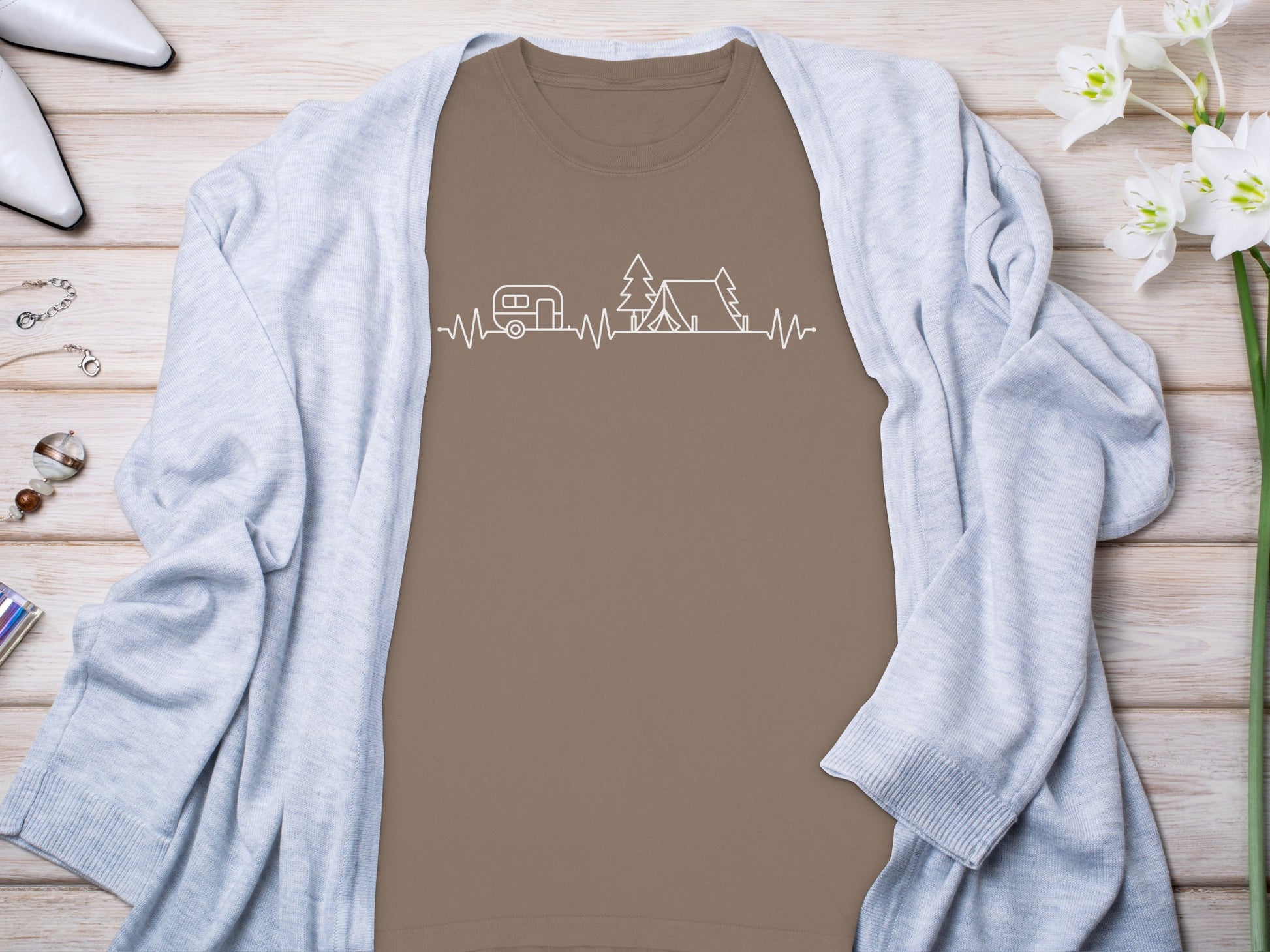 Camping Heartbeat Caravan Tent Adventure Time Long Sleeve T-Shirt Long Sleeve Tee - Outdoor & Adventure Collection - Mile Marker 16 Gear by Cloud 16 Clothing Co.