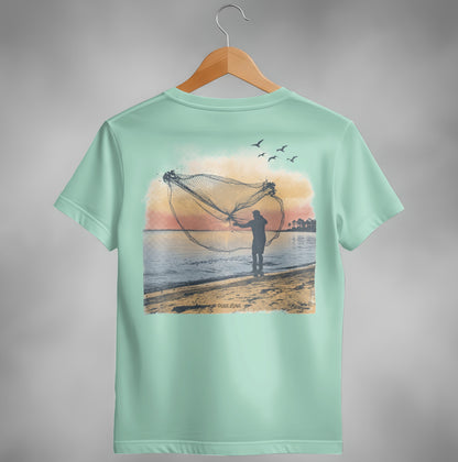 Fisherman casting net at sunset over water with birds flying overhead.