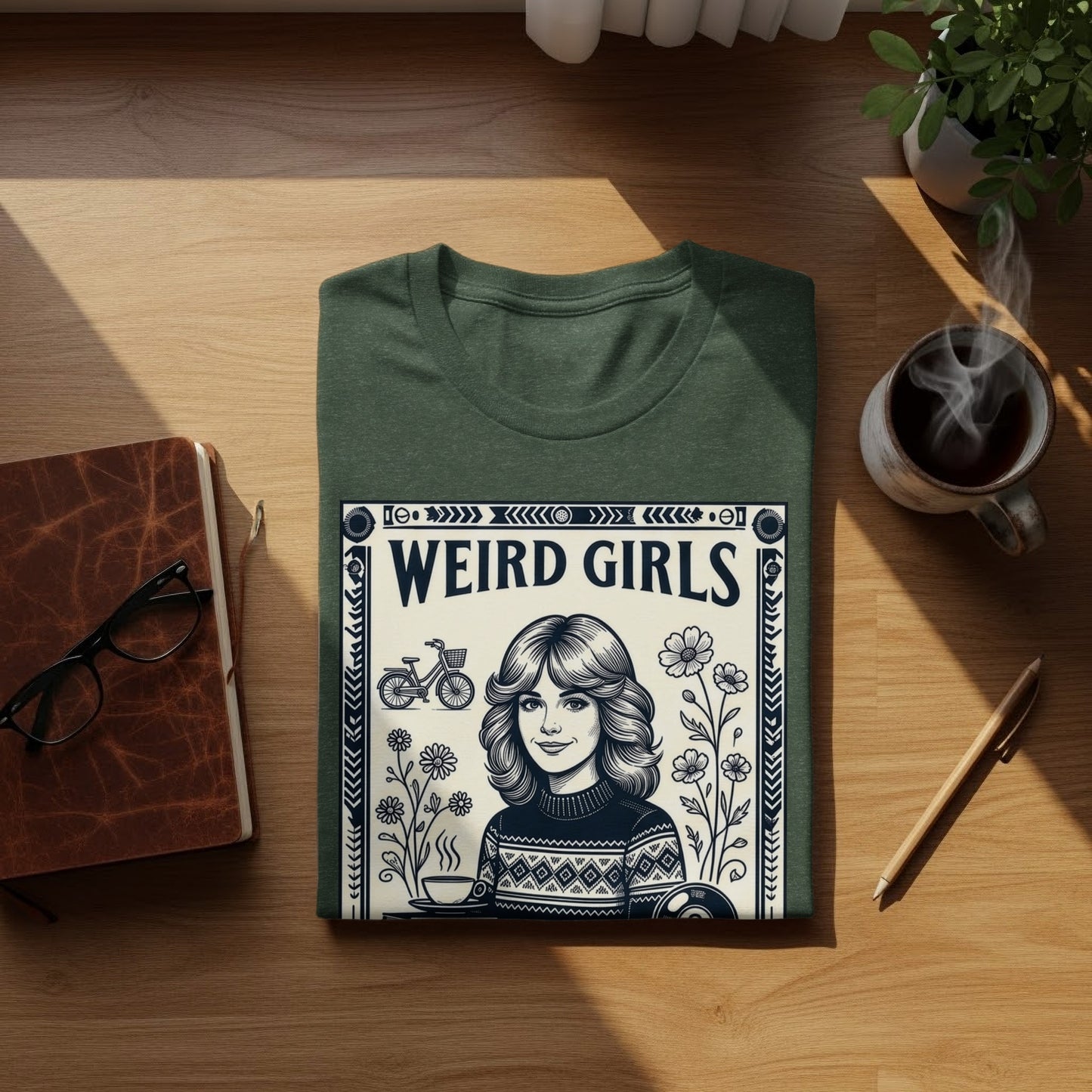 Dark green t-shirt with "Weird Girls" text and floral design on white background.