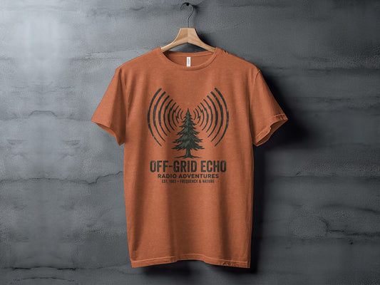 Off-Grid Radio Adventures | Vintage Outdoor Apparel: Orange t-shirt with Off-Grid Echo, radio waves, and tree graphic.