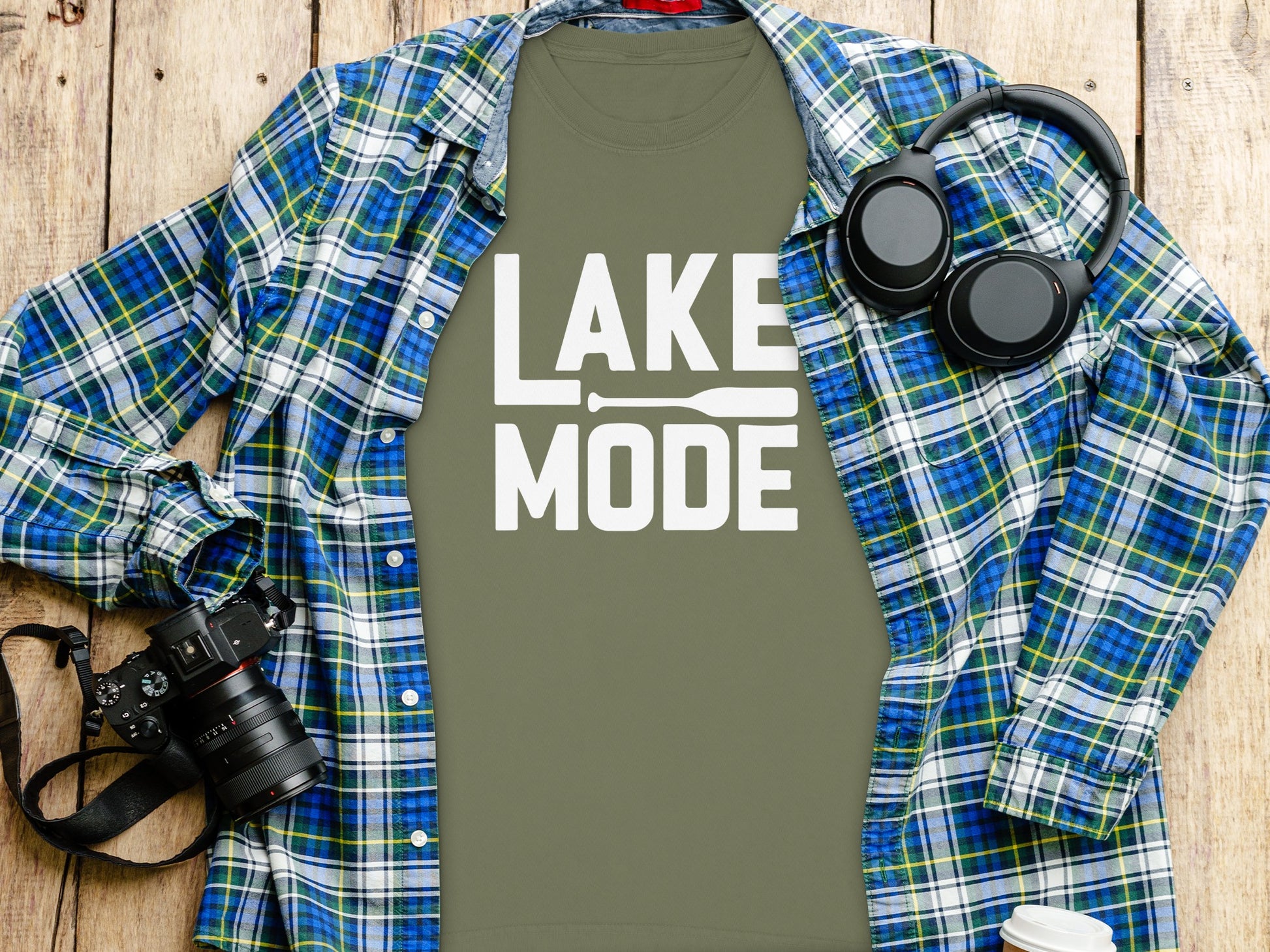 Lake Mode Headphones Camera Shirt Long Sleeve Plaid