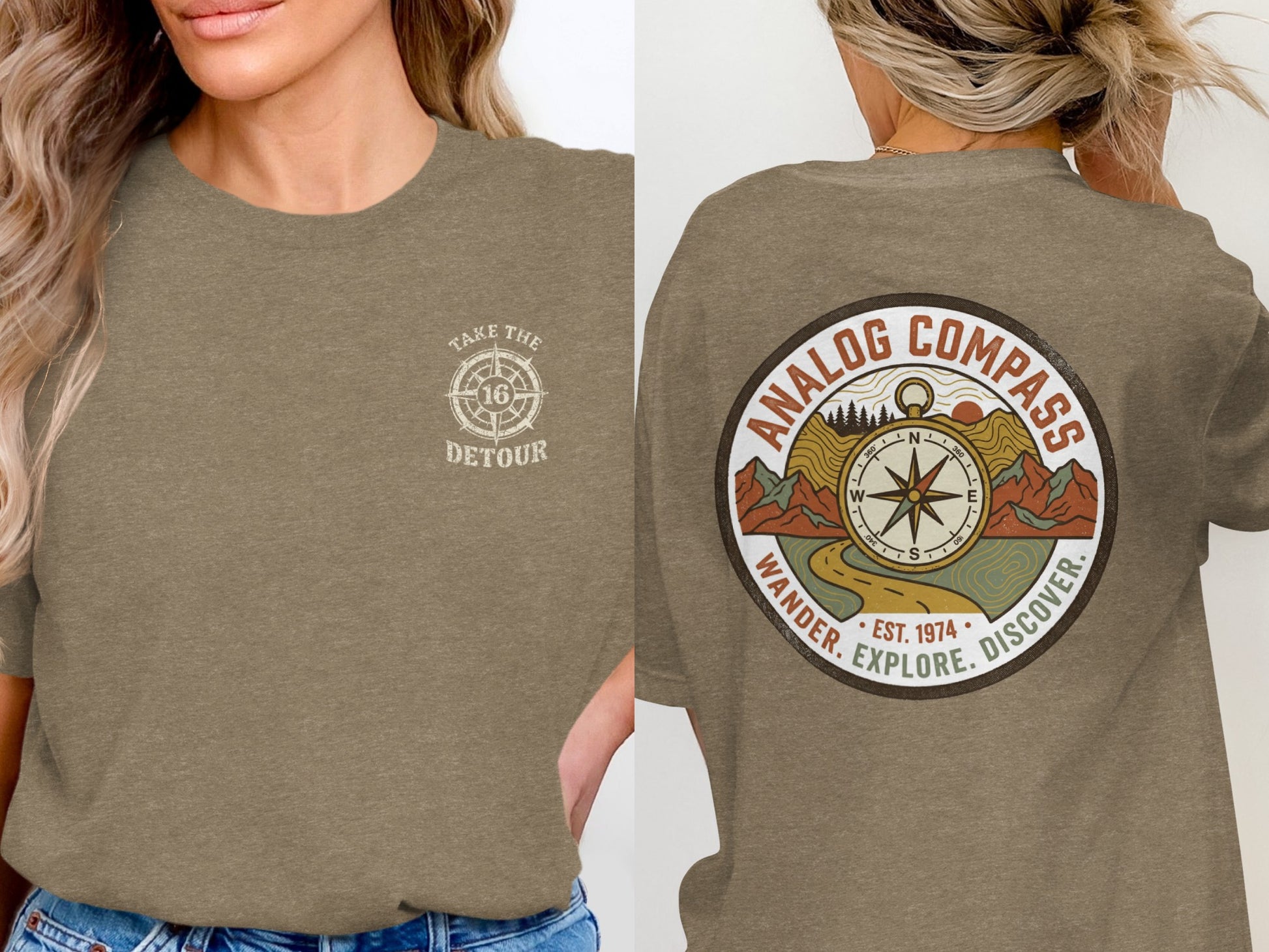 T-shirt with "Take the Detour" and compass on front, "Analog Compass" on back.