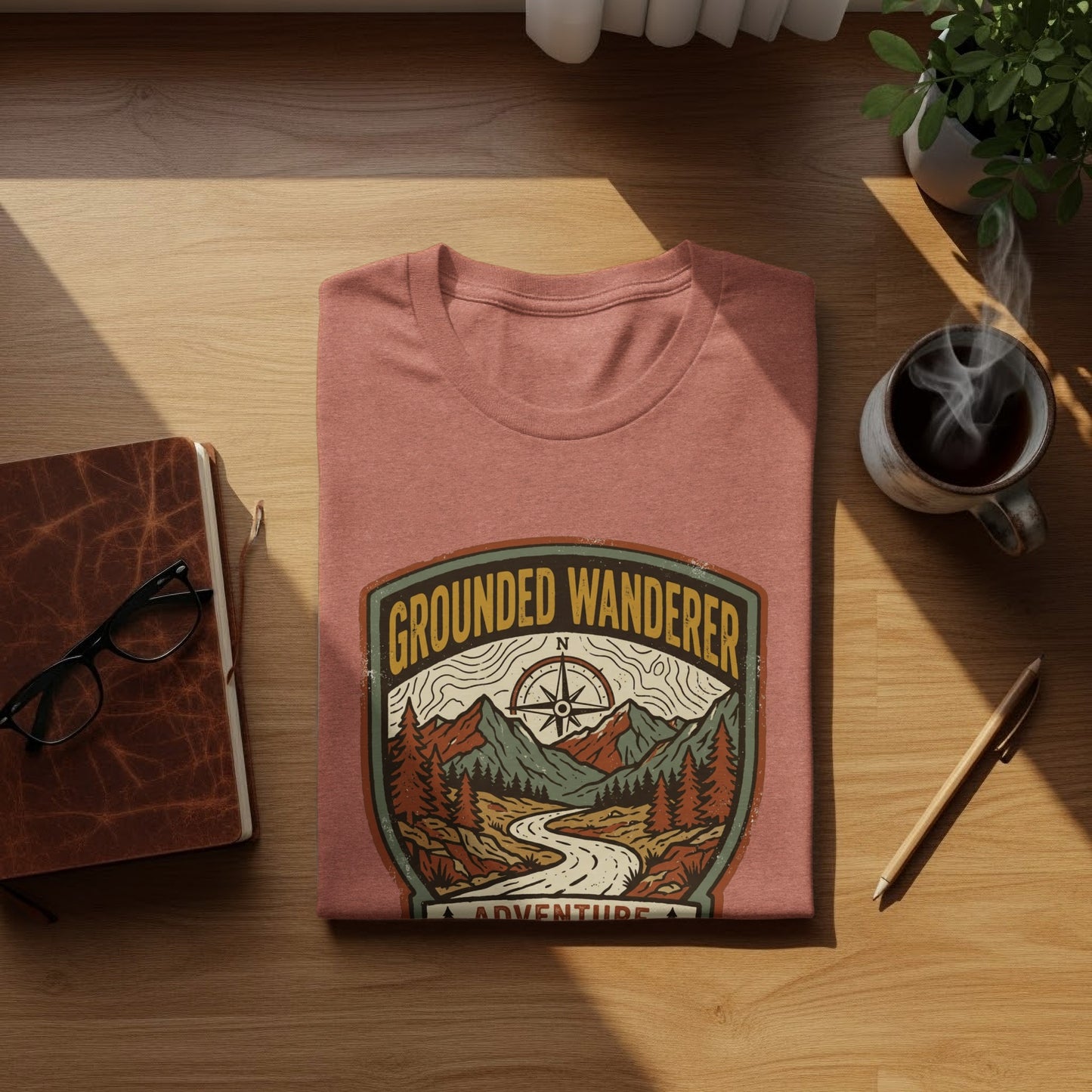 Heritage Grounded Wanderer Adventure Nomad Tee: Grounded Wanderer t-shirt with mountain landscape design.