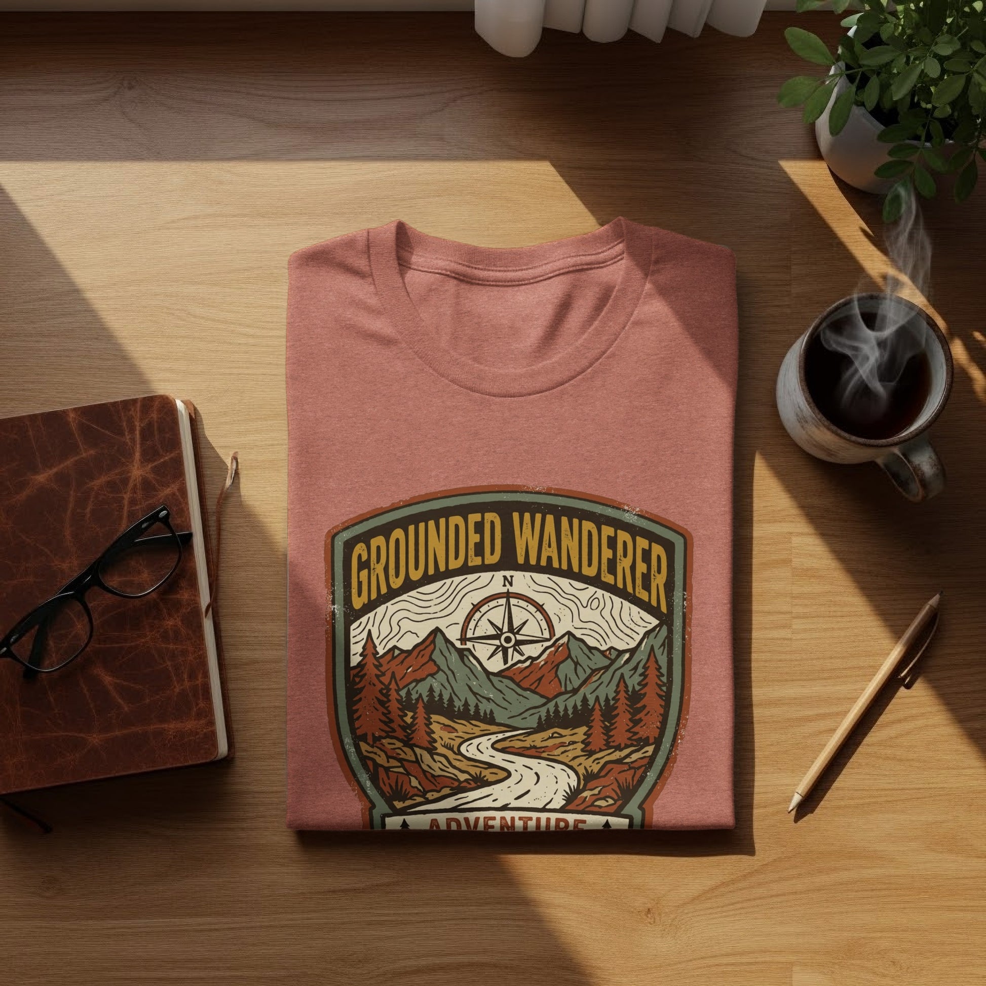 Heritage Grounded Wanderer Adventure Nomad Tee: Grounded Wanderer t-shirt with mountain landscape design.