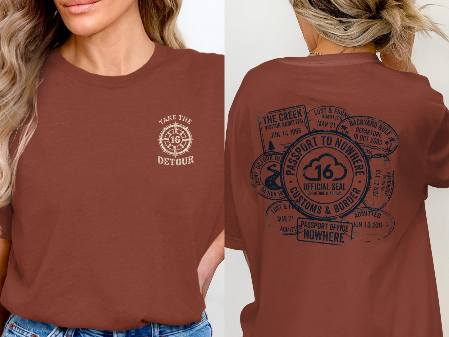 Brown t-shirt with "Take the Detour" compass graphic and passport stamps.