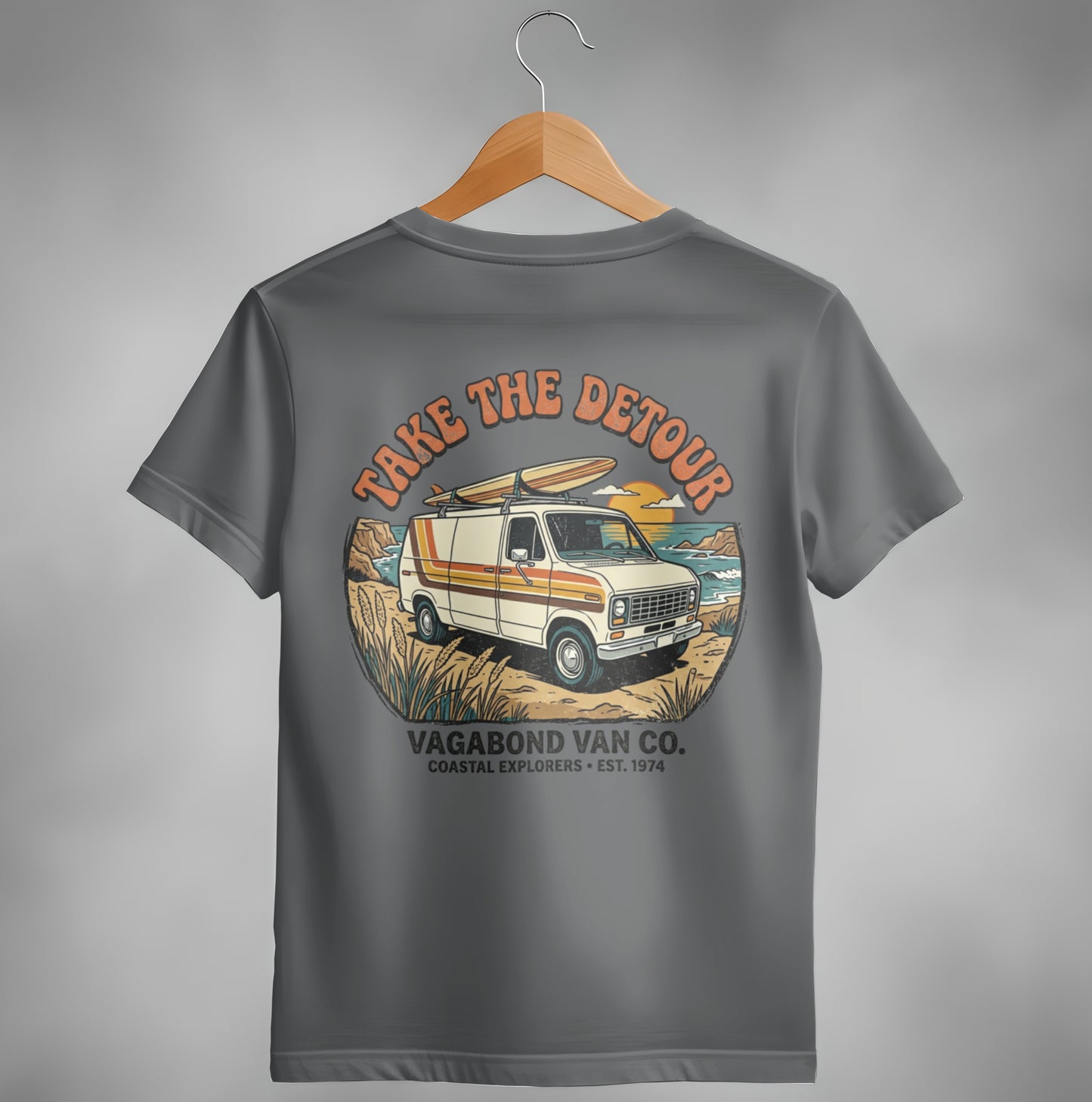 Gray t-shirt with van, surfboard, and "Take the Detour" text.