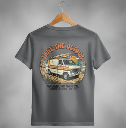 Gray t-shirt with van, surfboard, and "Take the Detour" text.
