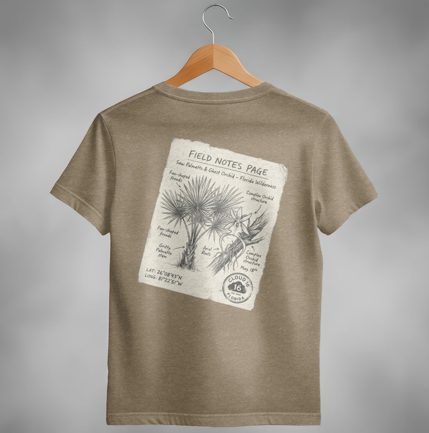 T-shirt with a field notes page featuring saw palmetto and ghost orchid details.