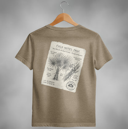 T-shirt with a field notes page featuring saw palmetto and ghost orchid details.