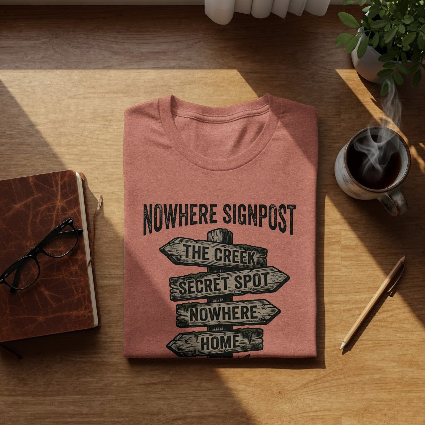 Nowhere Signpost Adventure: Backcountry Outpost Shirt: Rusty coral t-shirt with "NOWHERE SIGNPOST" graphic featuring directional signs.