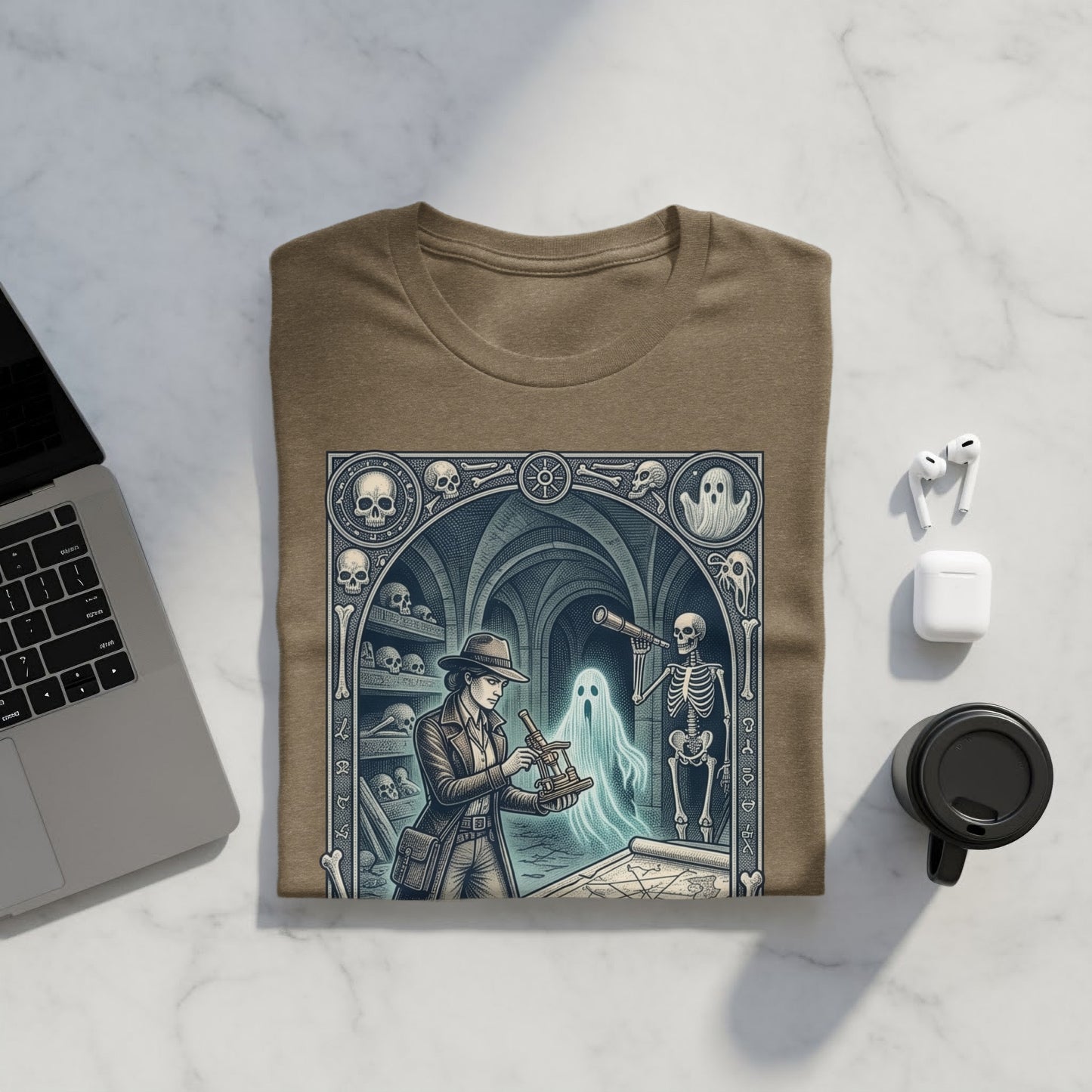 T-shirt with a gothic illustration of a detective and ghost in a crypt.