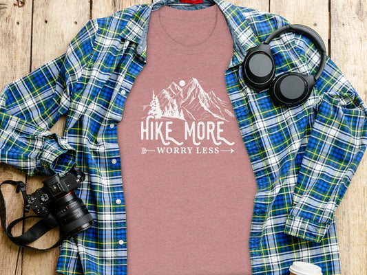 Hike More Worry Less Mountains Graphic Image T-Shirt T-Shirt - Outdoor & Adventure Collection - Mile Marker 16 Gear by Cloud 16 Clothing Co.