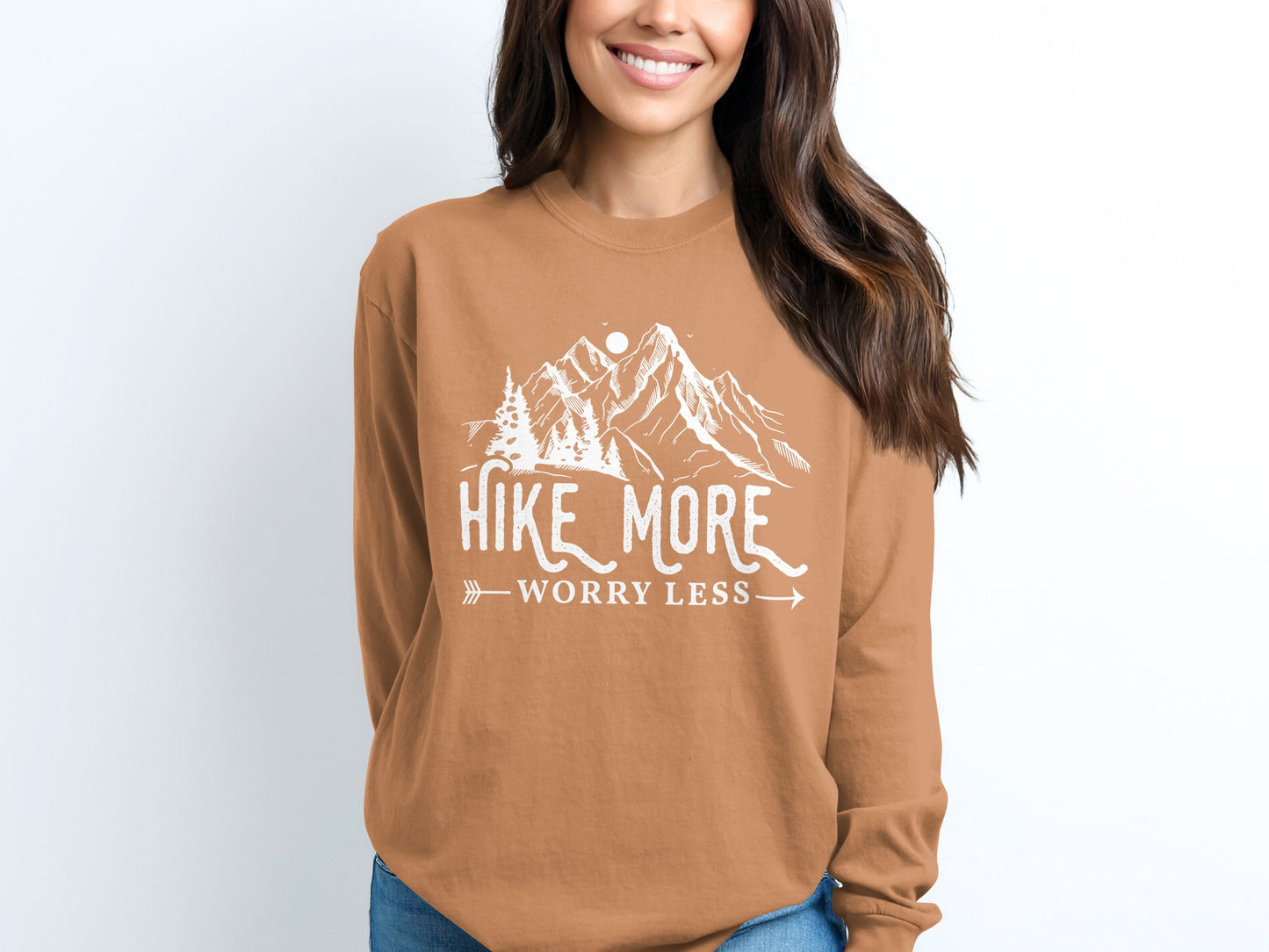Hike More Worry Less Mountain Design Funny Outdoor Long Sleeve T-Shirt Long Sleeve Tee - Outdoor & Adventure Collection - Mile Marker 16 Gear by Cloud 16 Clothing Co.