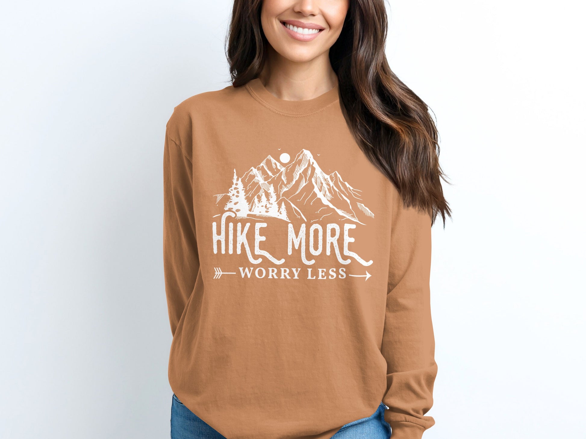 Hike More Worry Less Mountain Design Funny Outdoor Long Sleeve T-Shirt Long Sleeve Tee - Outdoor & Adventure Collection - Mile Marker 16 Gear by Cloud 16 Clothing Co.