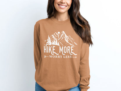 Hike More Worry Less Mountain Design Funny Outdoor Long Sleeve T-Shirt Long Sleeve Tee - Outdoor & Adventure Collection - Mile Marker 16 Gear by Cloud 16 Clothing Co.