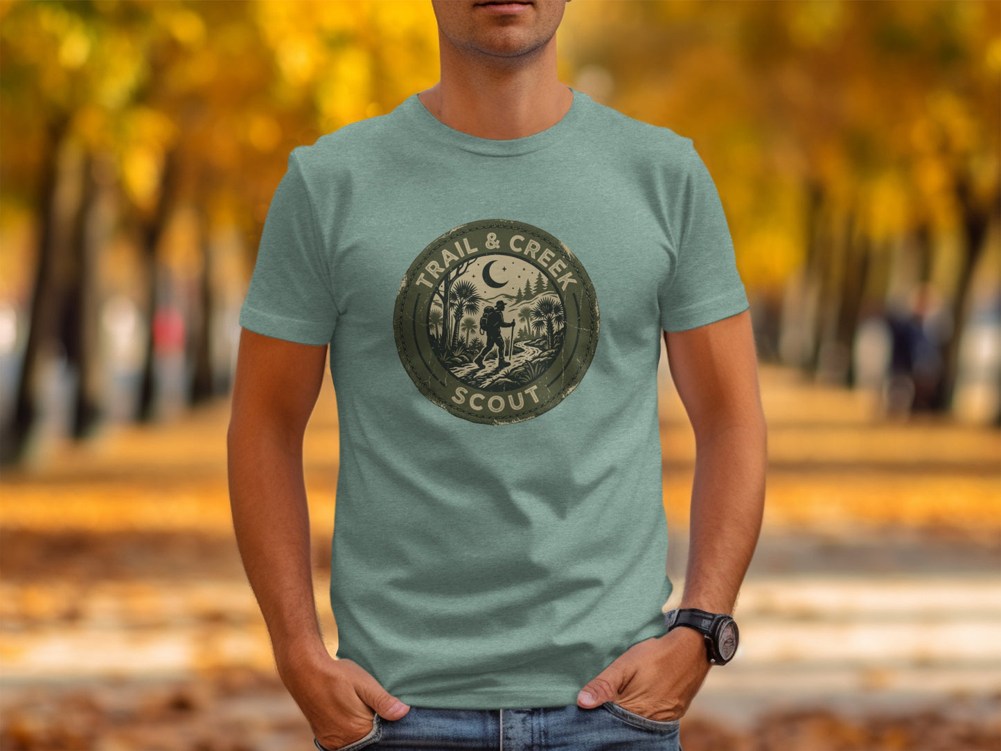 Heritage Trail & Creek Scout Adventure Nomad Tee: Green t-shirt with "Trail & Creek Scout" circular logo featuring hiker.