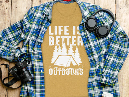 Life Is Better Outdoors Camping Tent Graphic Novelty T-Shirt T-Shirt - Outdoor & Adventure Collection - Mile Marker 16 Gear by Cloud 16 Clothing Co.