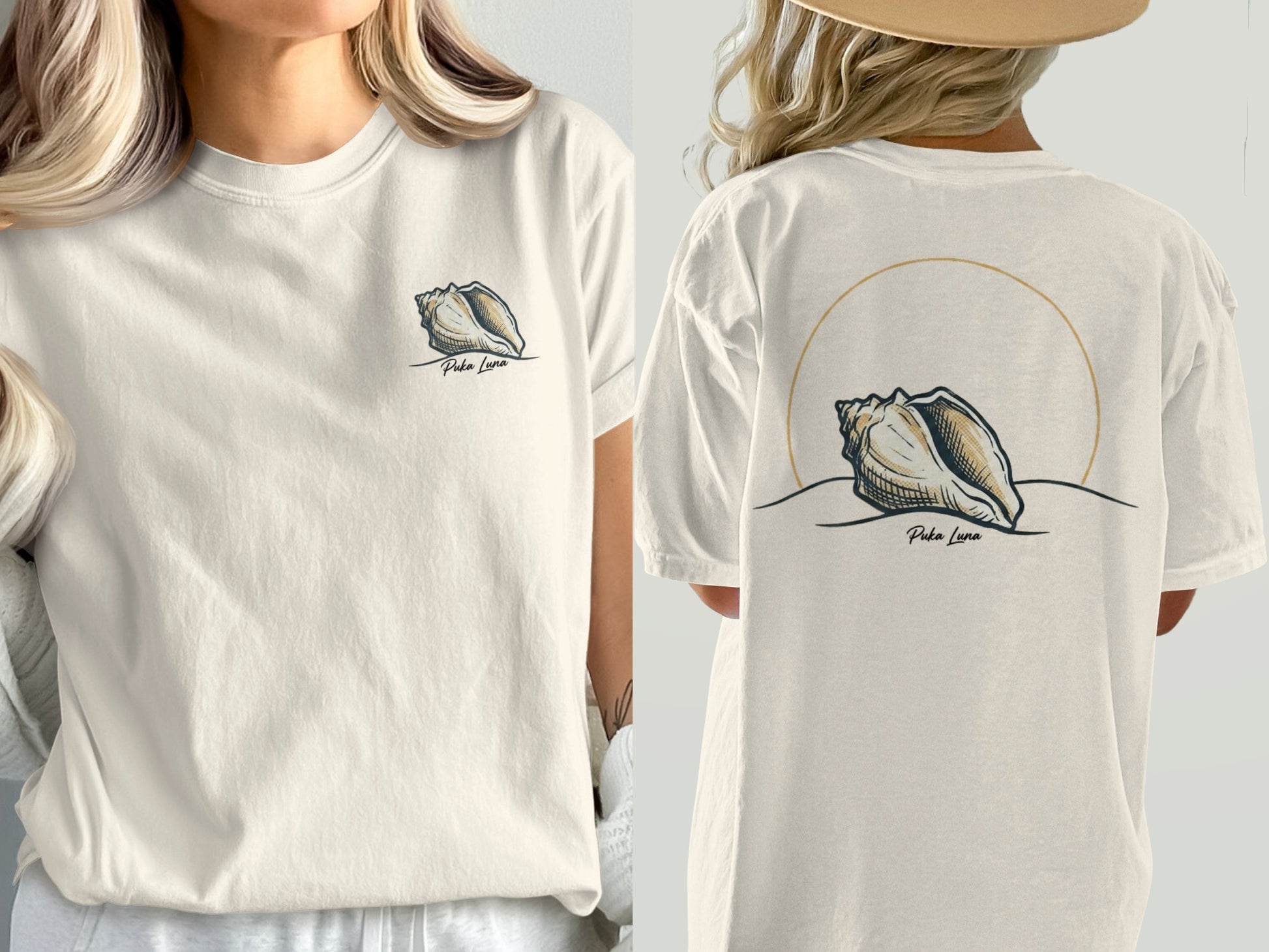 Cream t-shirt with seashell graphic and "Puka Luna" text on front and back.