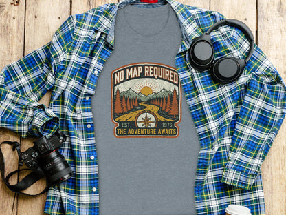Heritage No Map Required: The Adventure Awaits Nomad Tee: Graphic tee with "No Map Required The Adventure Awaits" text and mountain scene.