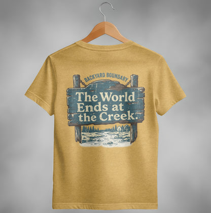 Yellow t-shirt with rustic sign reading "The World Ends at the Creek."
