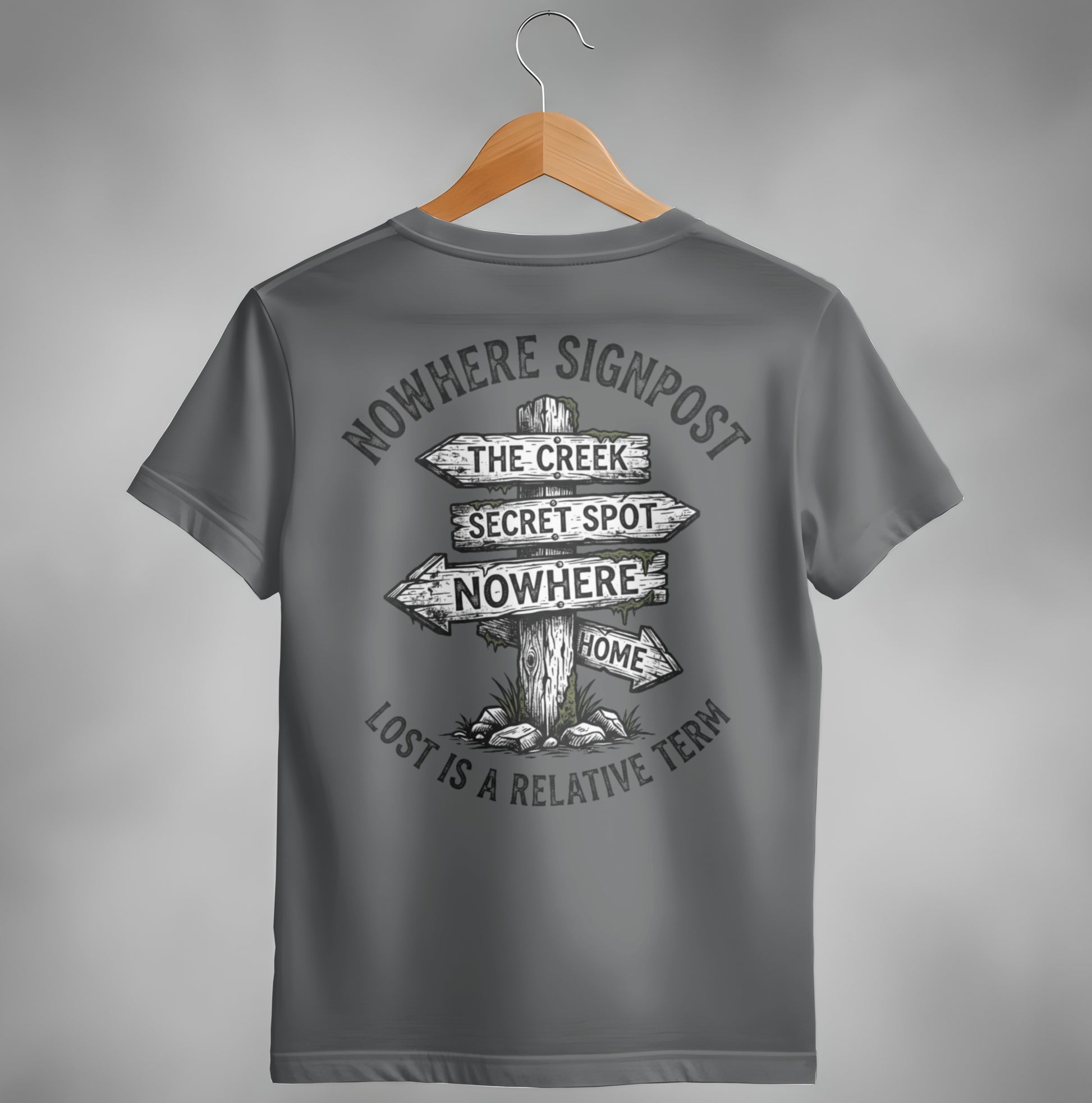 T-shirt with a graphic of a wooden signpost pointing in multiple directions with text.
