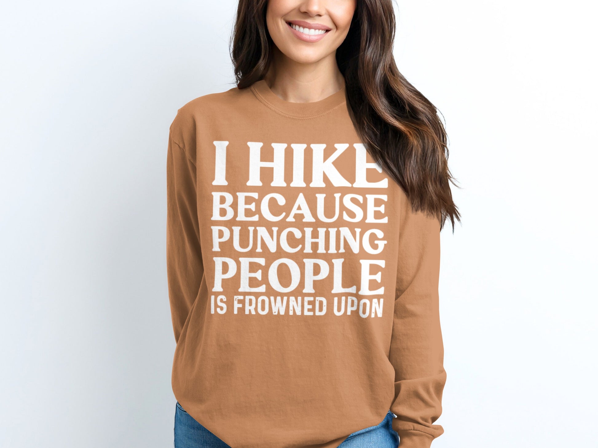 I Hike Because Punching People Is Frowned Upon Long Sleeve T-Shirt Long Sleeve Tee - Outdoor & Adventure Collection - Mile Marker 16 Gear by Cloud 16 Clothing Co.