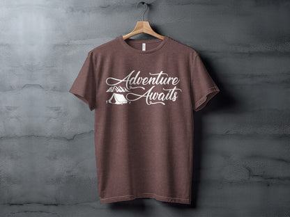 Adventure Awaits Tent Mountains Graphic Design T-Shirt T-Shirt - Outdoor & Adventure Collection - Mile Marker 16 Gear by Cloud 16 Clothing Co.