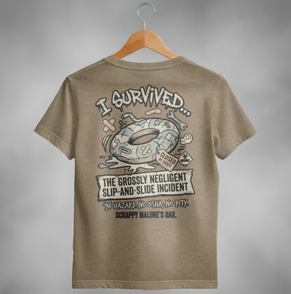 T-shirt graphic: "I Survived The Grossly Negligent Slip-and-Slide Incident '96"