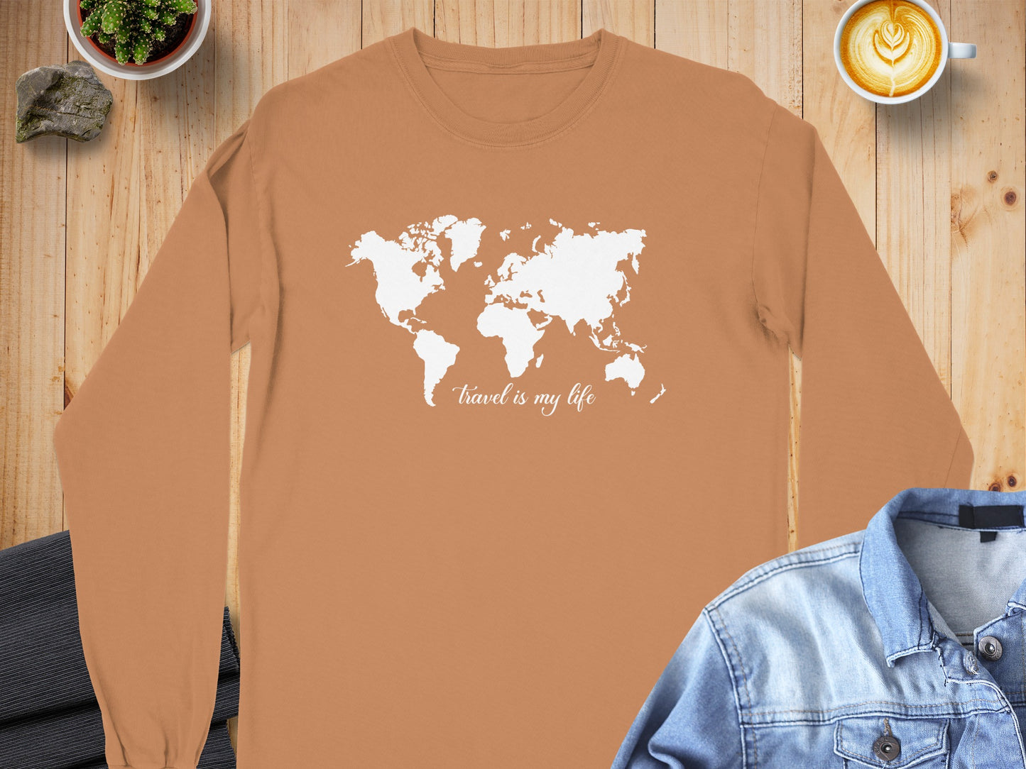 Travel Is My Life World Map Graphic Long Sleeve Shirt