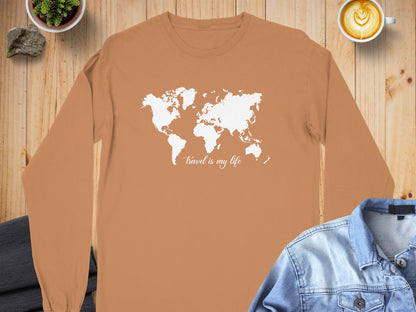 Travel Is My Life World Map Graphic Long Sleeve Shirt