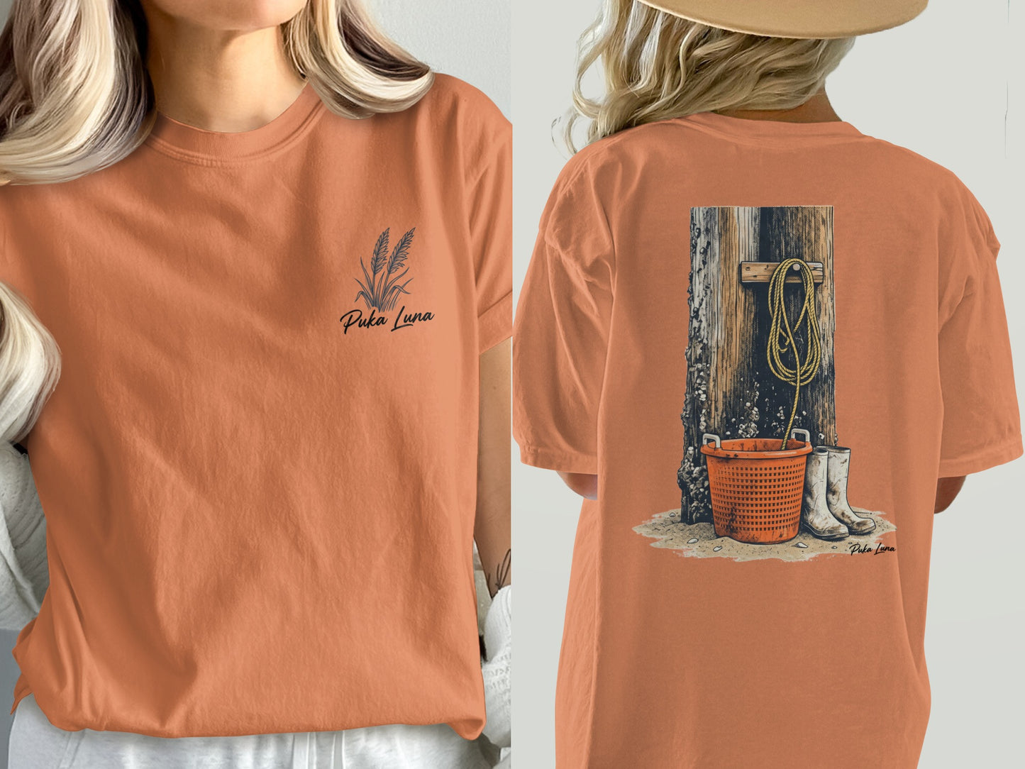 Orange t-shirt with wheat graphic on front and rope, bucket, and boots on back.