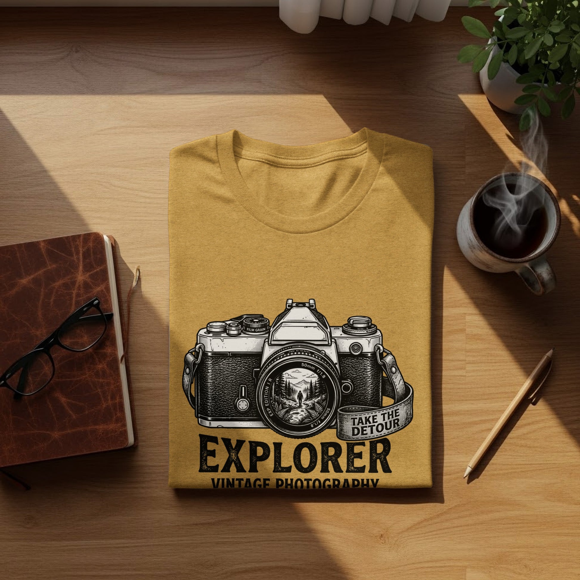 The Analog Explorer's Detour: Backcountry Outpost Shirt: Yellow t-shirt featuring a vintage camera illustration and "EXPLORER VINTAGE PHOTOGRAPHY" text.