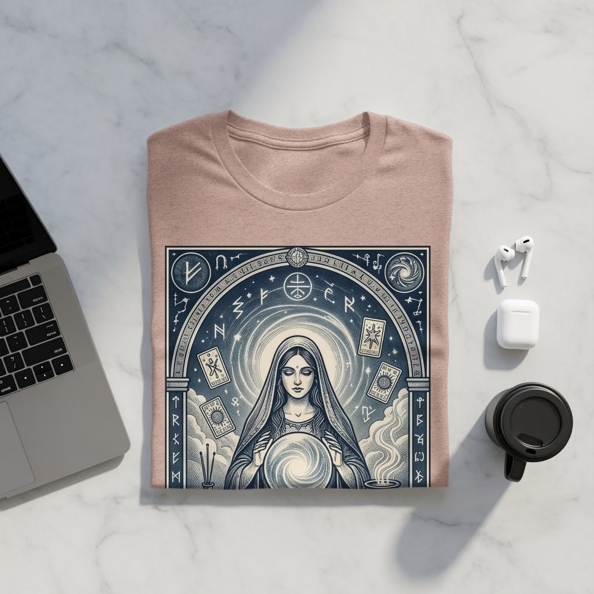 T-shirt with mystical woman, tarot cards, and celestial symbols.
