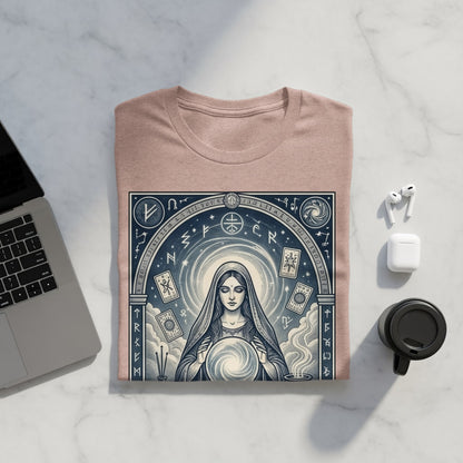 T-shirt with mystical woman, tarot cards, and celestial symbols.