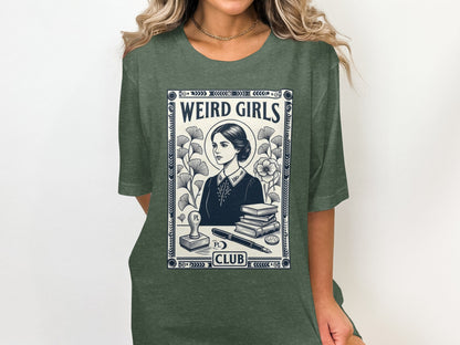 "Weird Girls Club" text with vintage illustration of a woman, books, and stamp.
