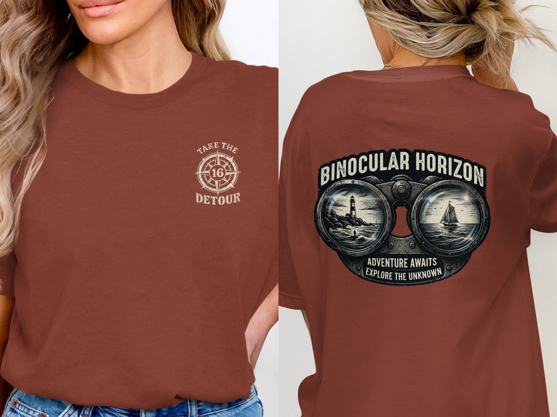 Brown t-shirt with "Take the Detour" on front and binoculars and boat graphic on back.