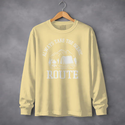 Always Take The Scenic Route Camping Adventure Long Sleeve T-Shirt Long Sleeve Tee - Outdoor & Adventure Collection - Mile Marker 16 Gear by Cloud 16 Clothing Co.