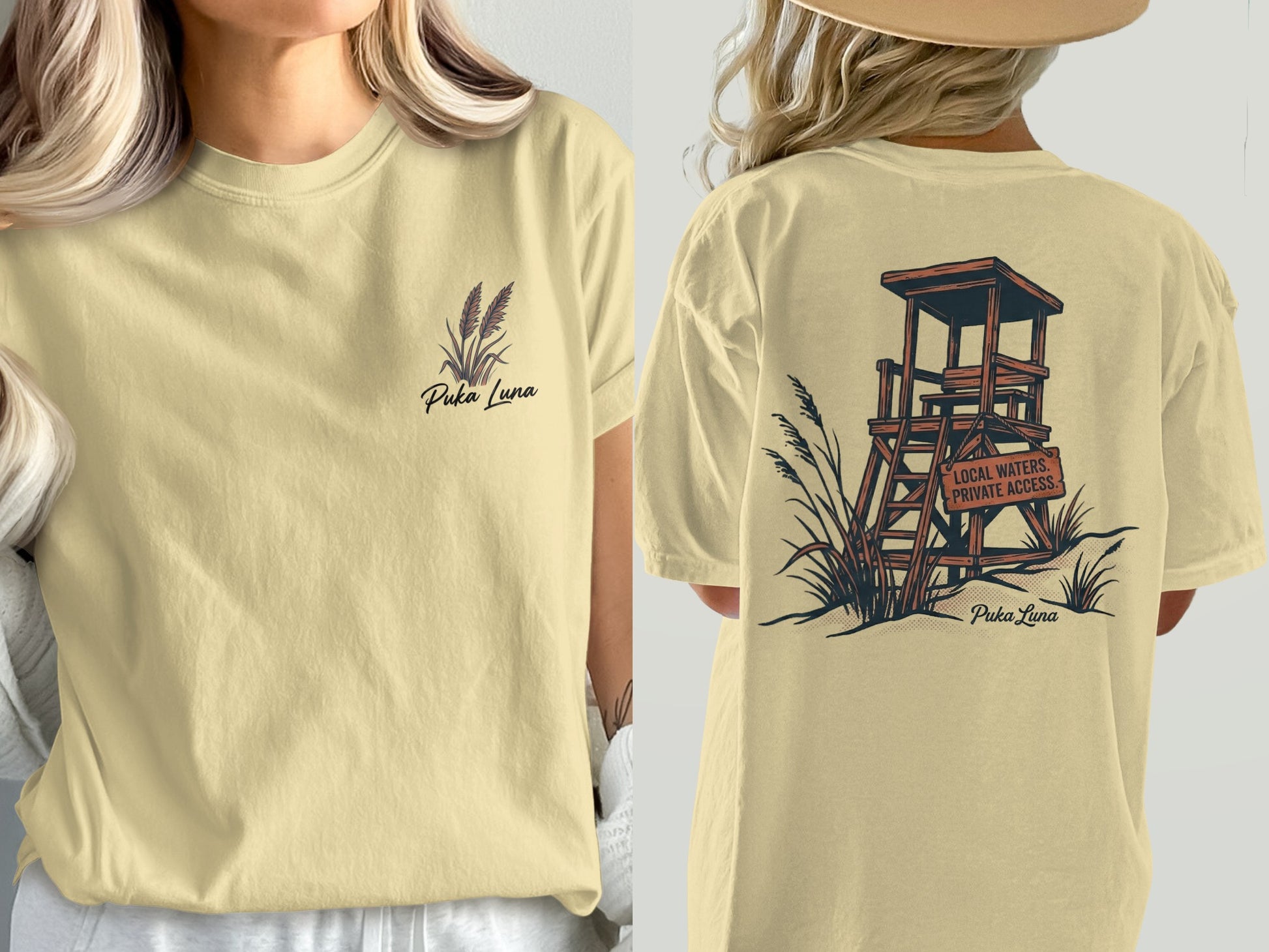 Pale yellow t-shirt with Puka Luna logo and beach lifeguard stand graphic.