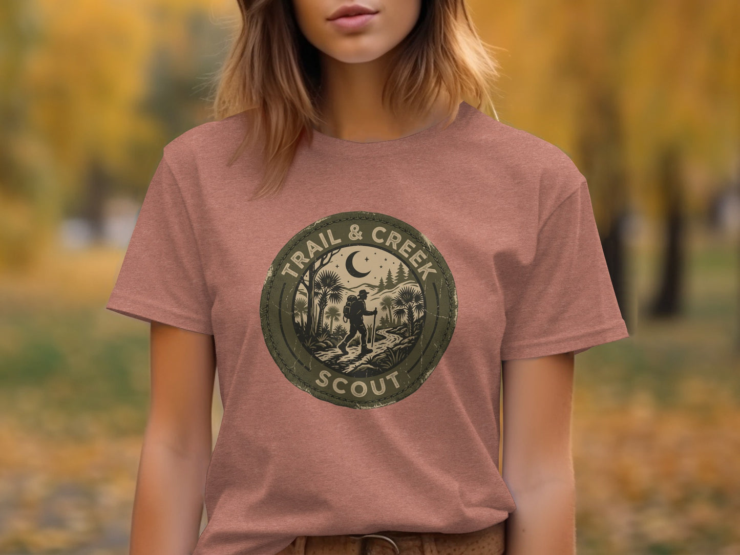 Heritage Trail & Creek Scout Adventure Nomad Tee: Brown t-shirt with circular "Trail & Creek Scout" logo depicting hikers and trees.