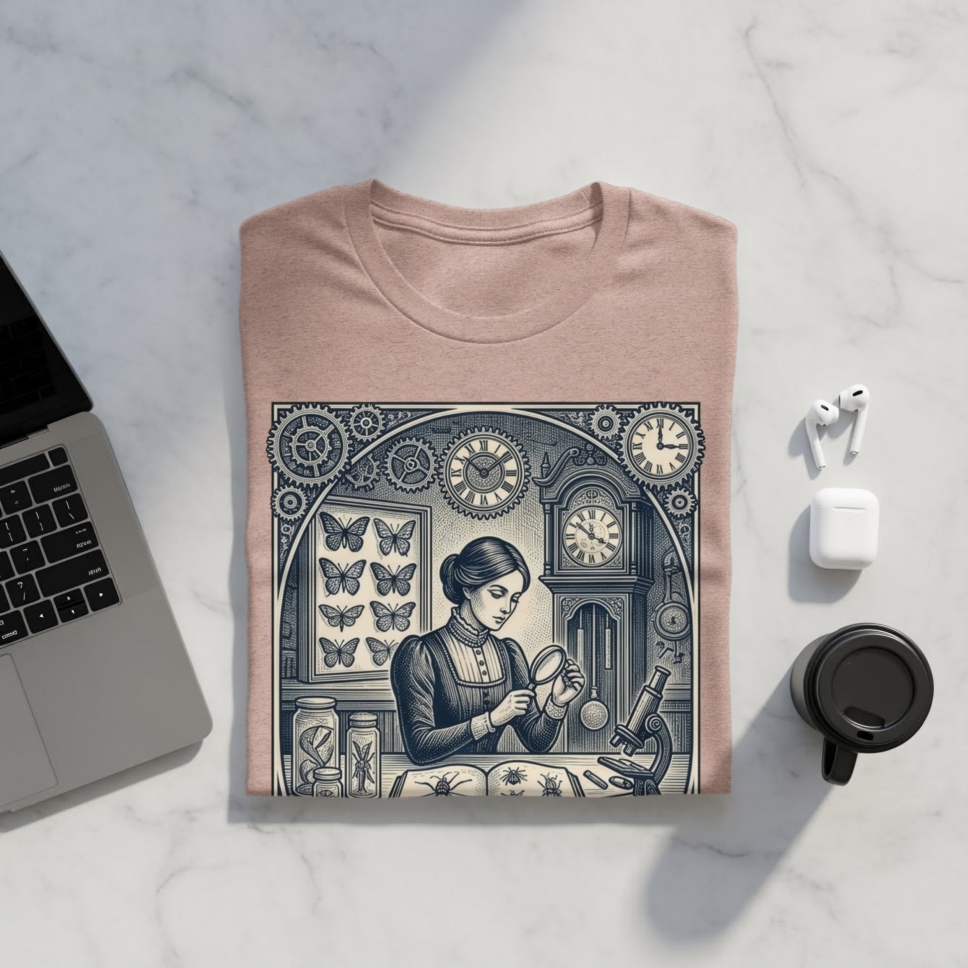 T-shirt with vintage scientific illustration of woman examining specimen, butterflies, and clock.