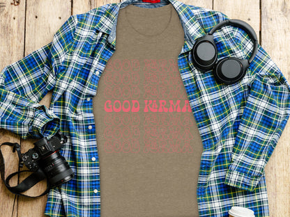 Good Karma Graphic Tee With Plaid Shirt and Headphones