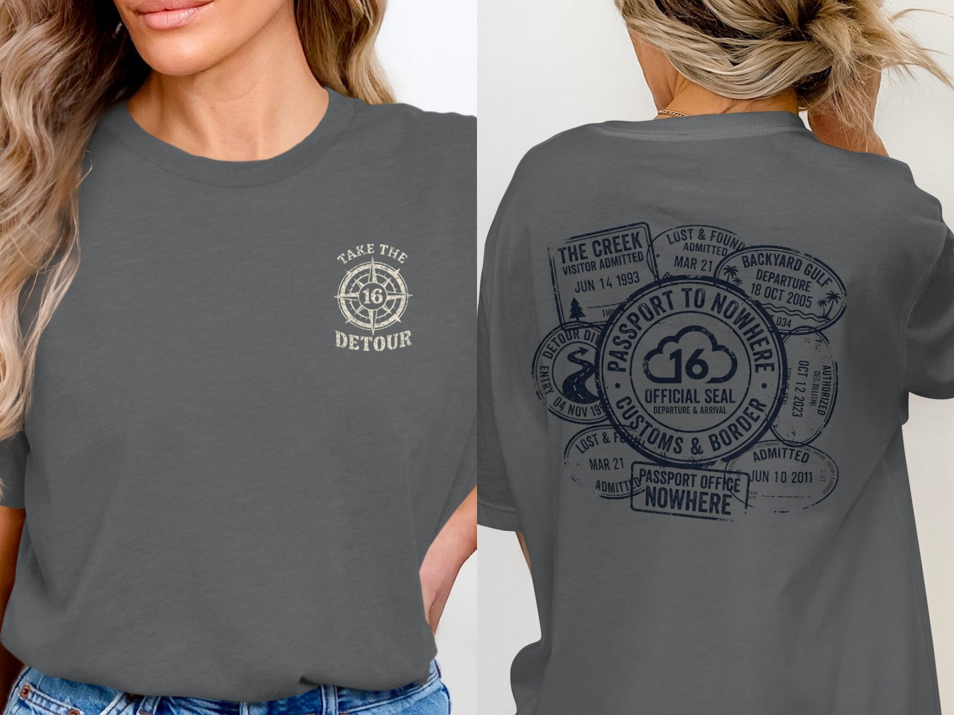 T-shirt with "Take the Detour" on the front and passport stamp graphics on the back.