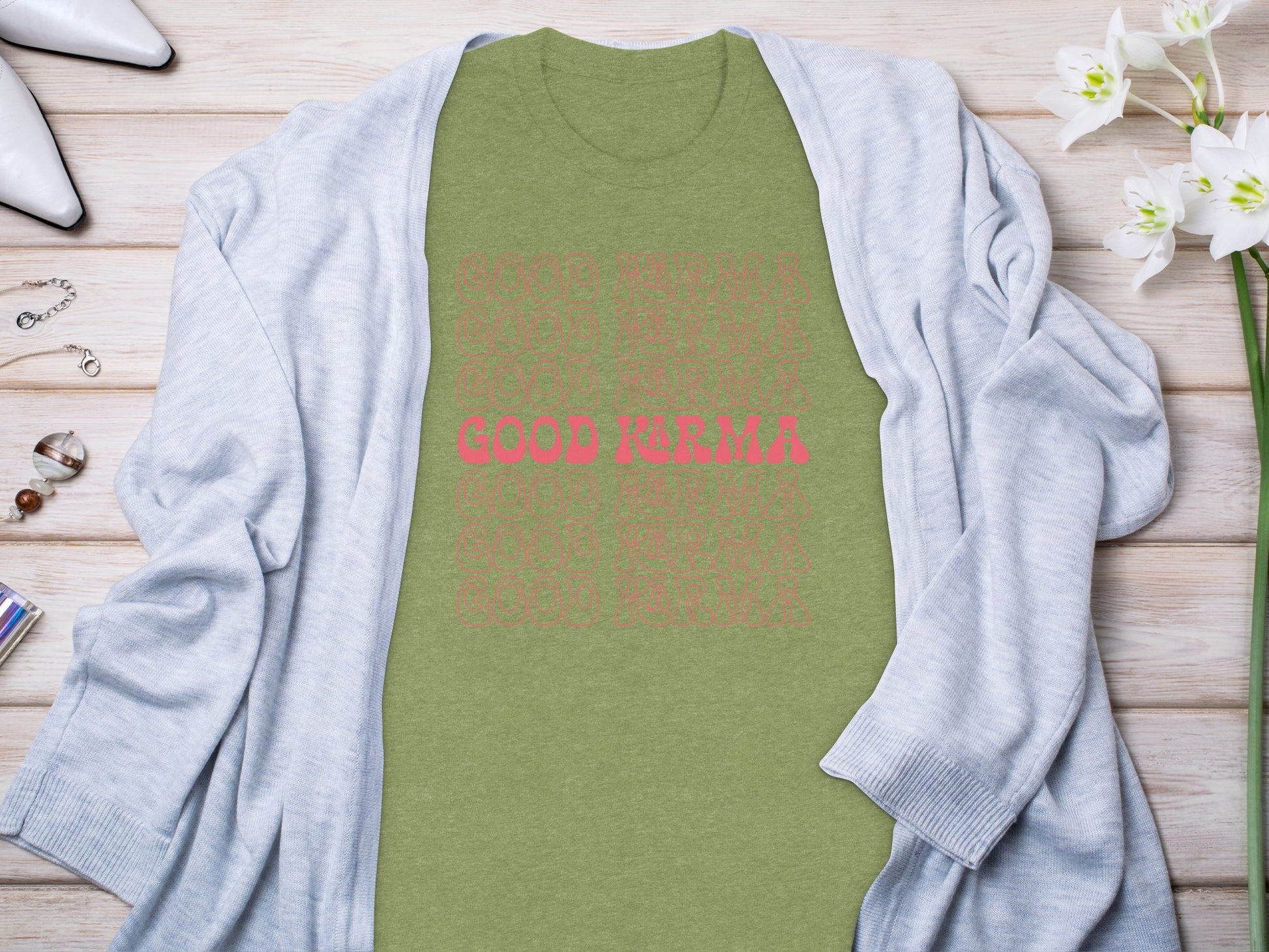 Good Karma Repeated Graphic Design T-shirt Product