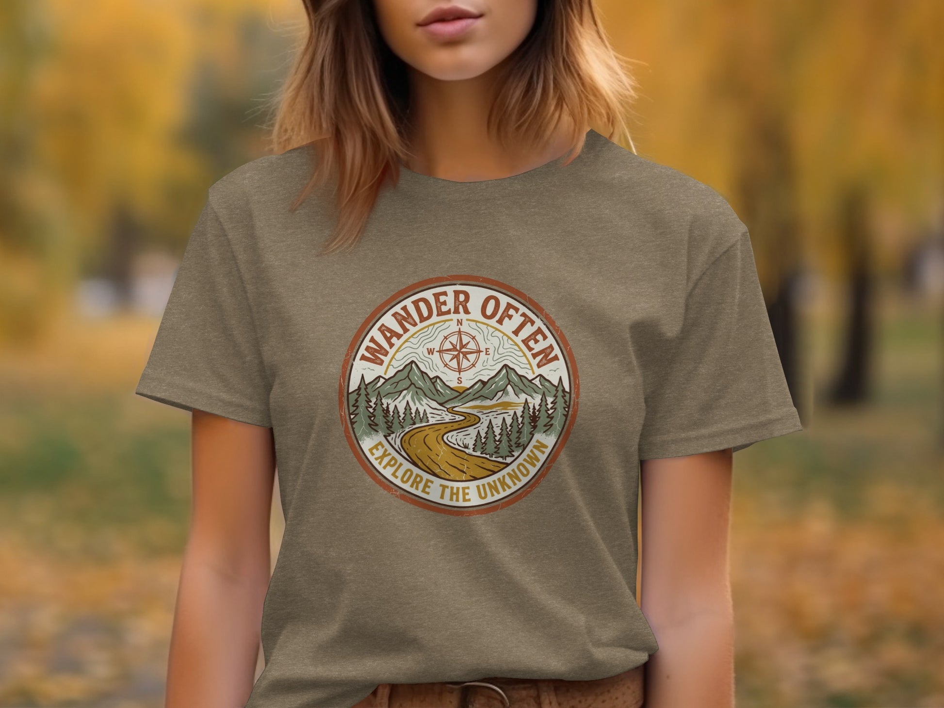 The Original Wander Often Vintage Explorer Adventure Top: T-shirt graphic with mountains, compass, and text "Wander Often Explore The Unknown."