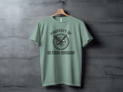Rugged Detour Division Compass Eagle Tee Wilderness Shirt: Green t-shirt with a circular compass design and "Property of Detour Division" text.