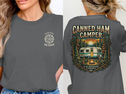 Dark gray t-shirt with "Take the Detour" compass logo on front and "Canned Ham Camper" design on back.