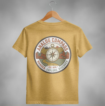 Yellow t-shirt with a circular "Analog Compass" graphic featuring a compass rose and landscape.