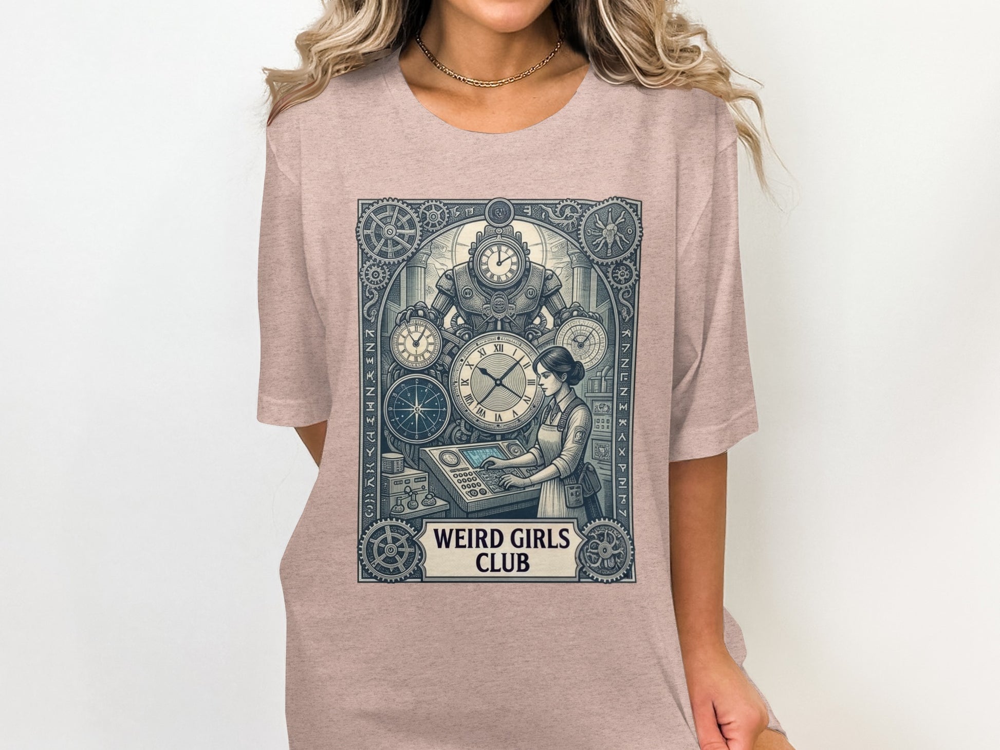Steampunk-style t-shirt design with clockwork robot and woman, "Weird Girls Club" text.