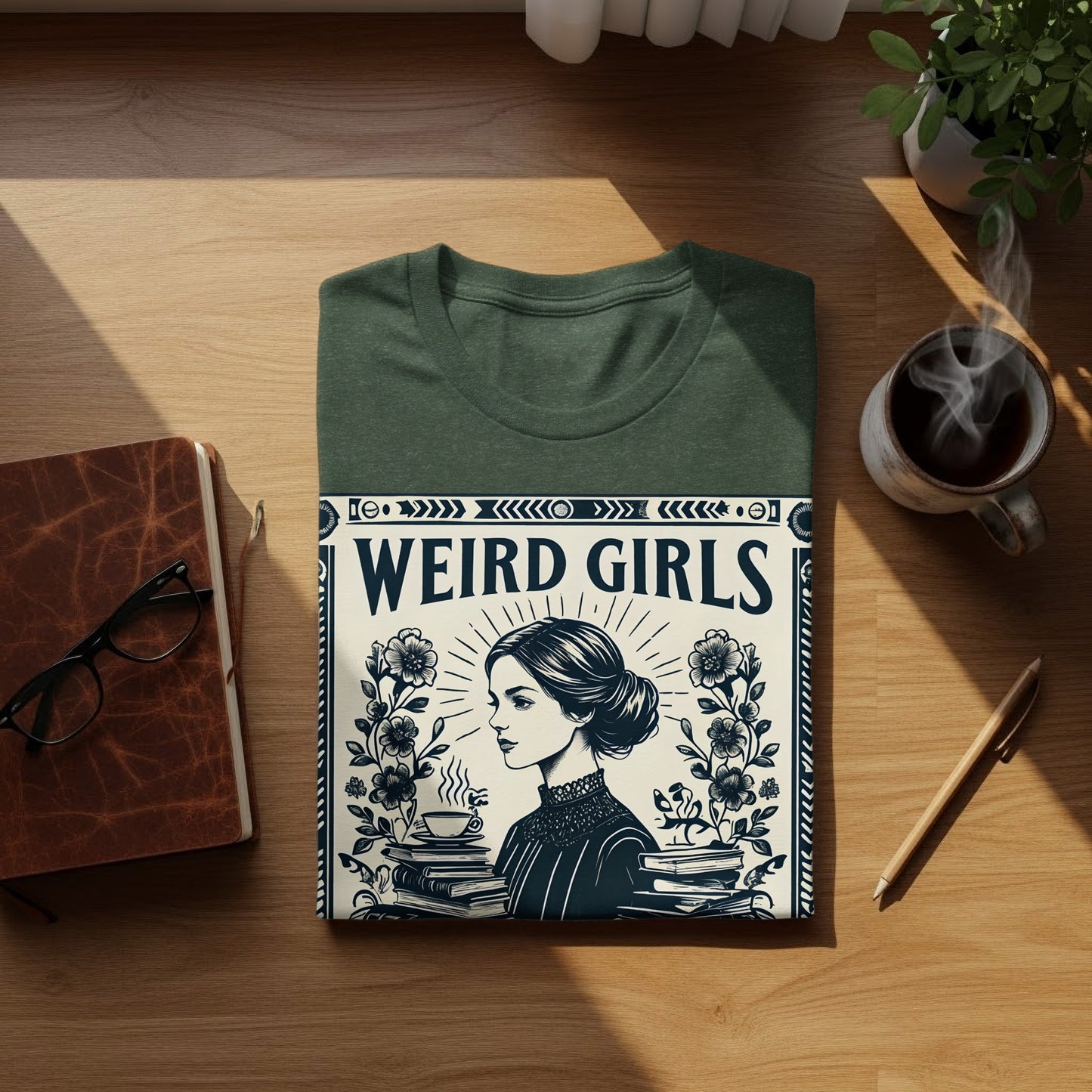 Green t-shirt with "Weird Girls" text and woman's profile illustration.