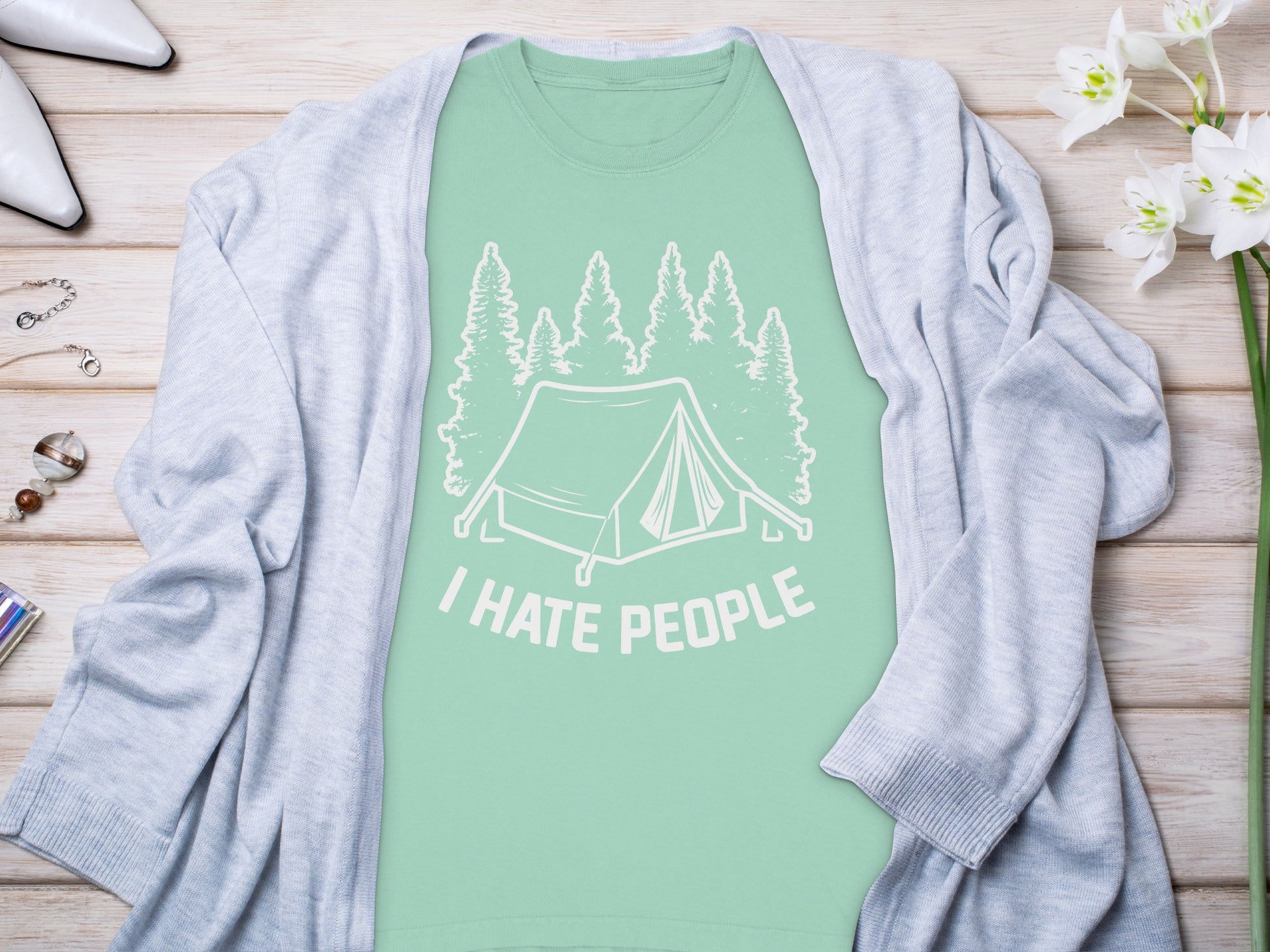 I Hate People Camping Tent Graphic T-Shirt Casual Tee